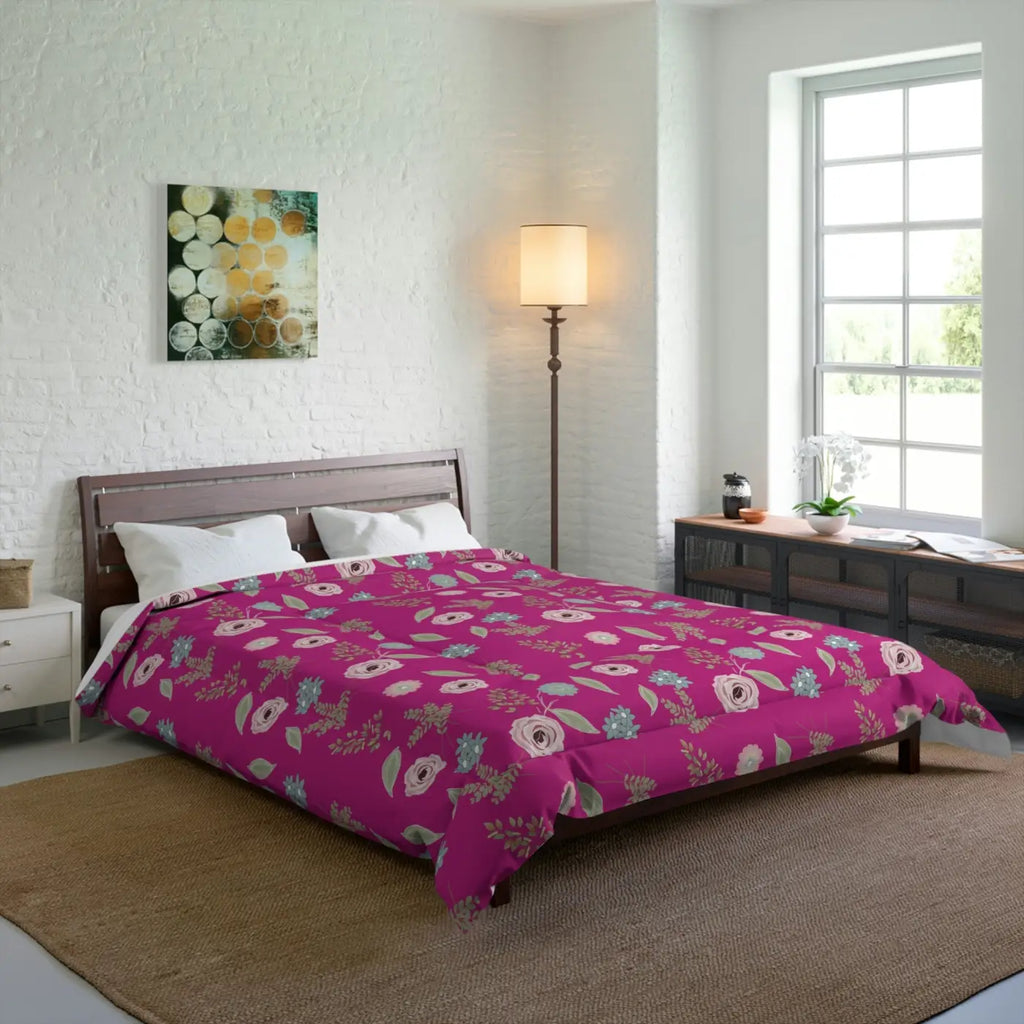 Pink Comforter - Floral Print Bedding Design - DipaliZ