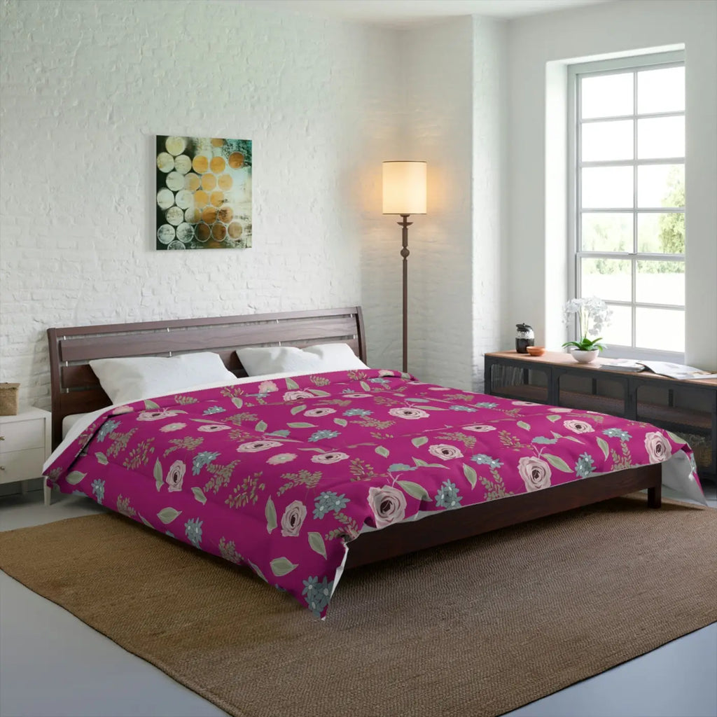 Pink Comforter - Floral Print Bedding Design - DipaliZ