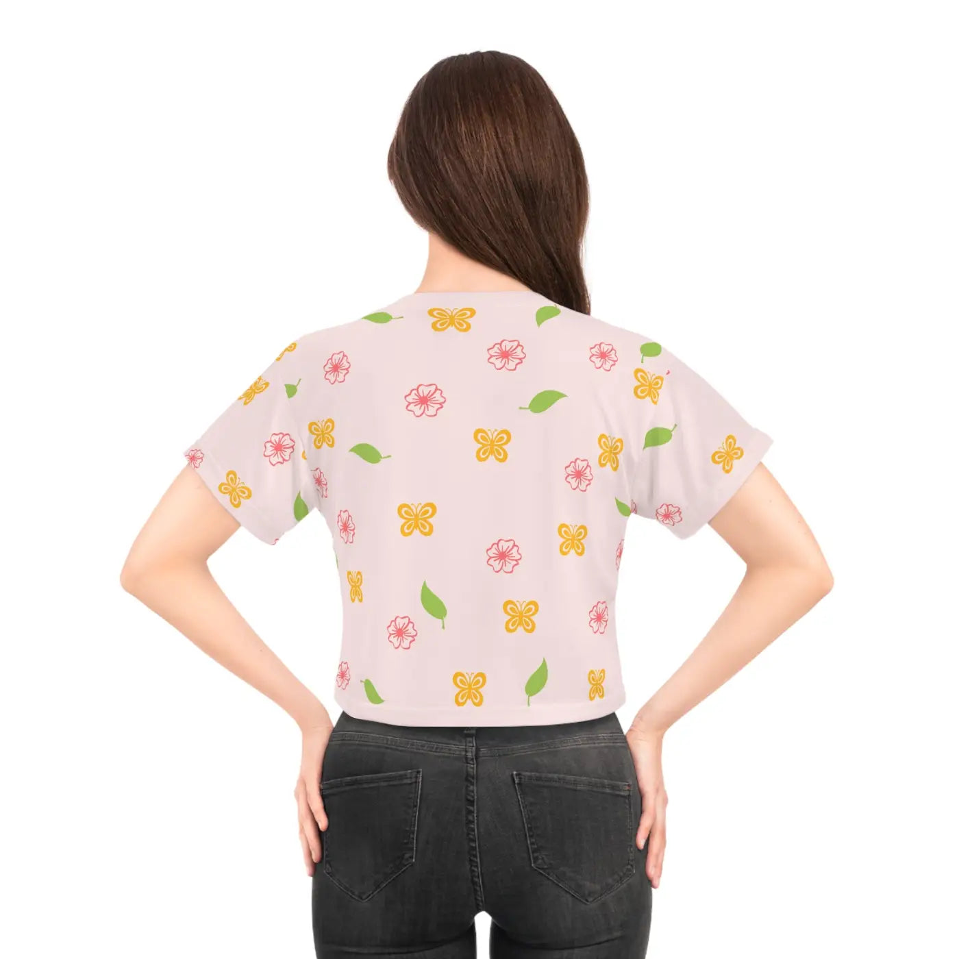 Pink Crop Tee - Flowers and Butterflies Print - DipaliZ