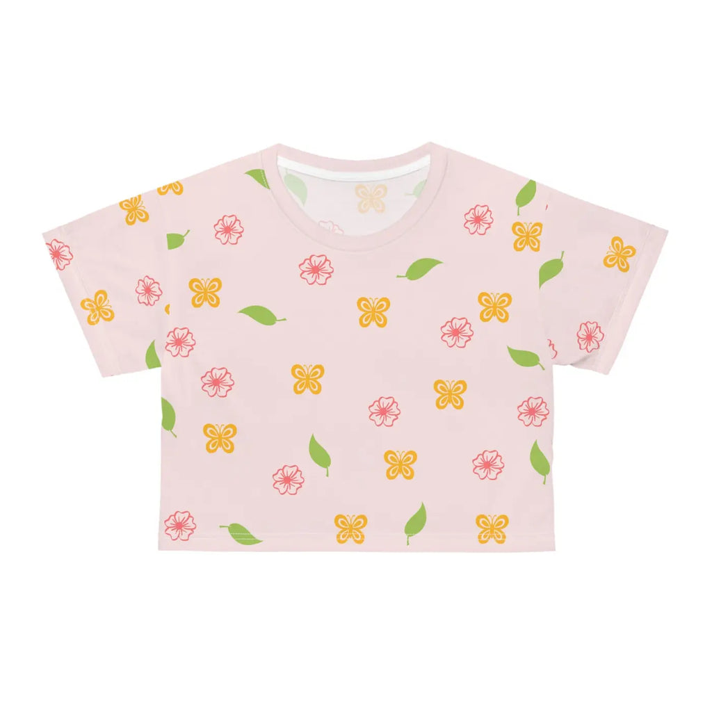 Pink Crop Tee - Flowers and Butterflies Print - DipaliZ