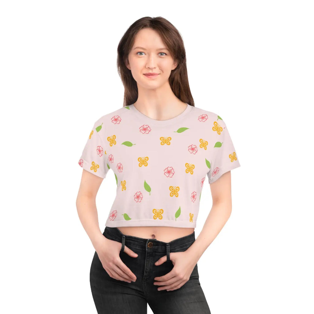 Pink Crop Tee - Flowers and Butterflies Print - DipaliZ