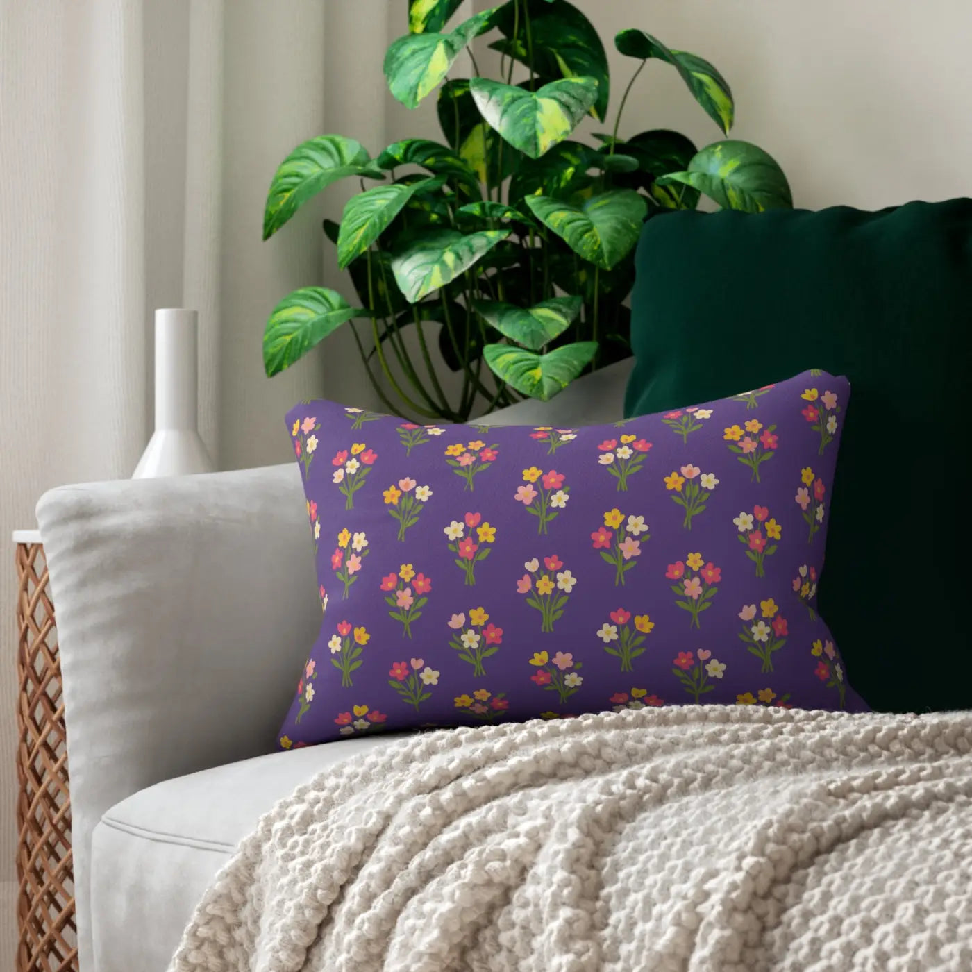 Lumbar Pillow - Purple Floral Spun Polyester - DipaliZ