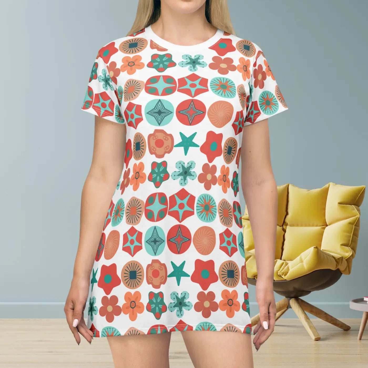 Geometric Pattern Print T Shirt Dress - Wearable Art - DipaliZ