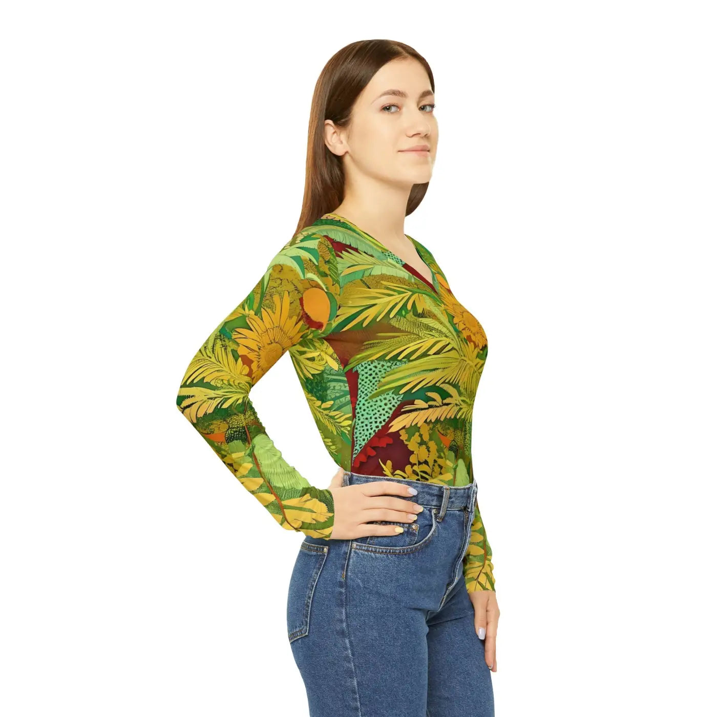 Long Sleeve V Neck Tee - Brown Leaves Pattern - DipaliZ