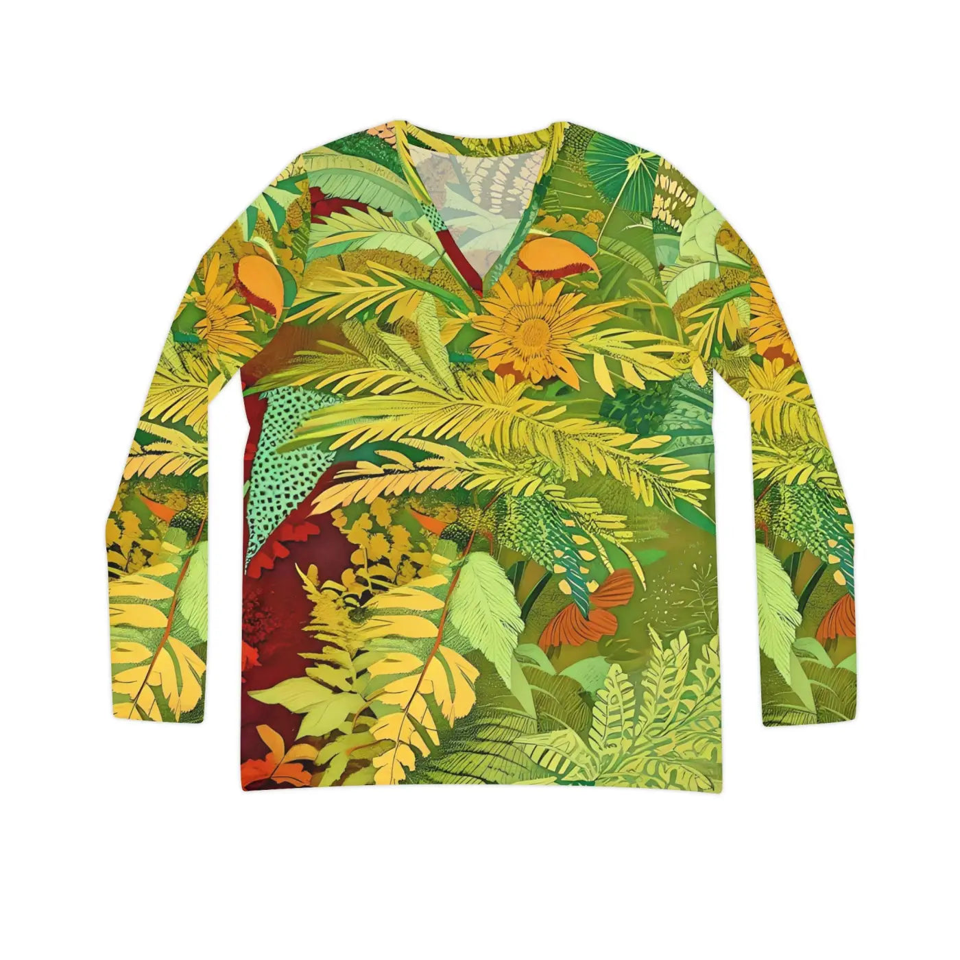 Long Sleeve V Neck Tee - Brown Leaves Pattern - DipaliZ