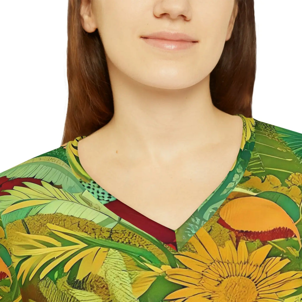 Long Sleeve V Neck Tee - Brown Leaves Pattern - DipaliZ