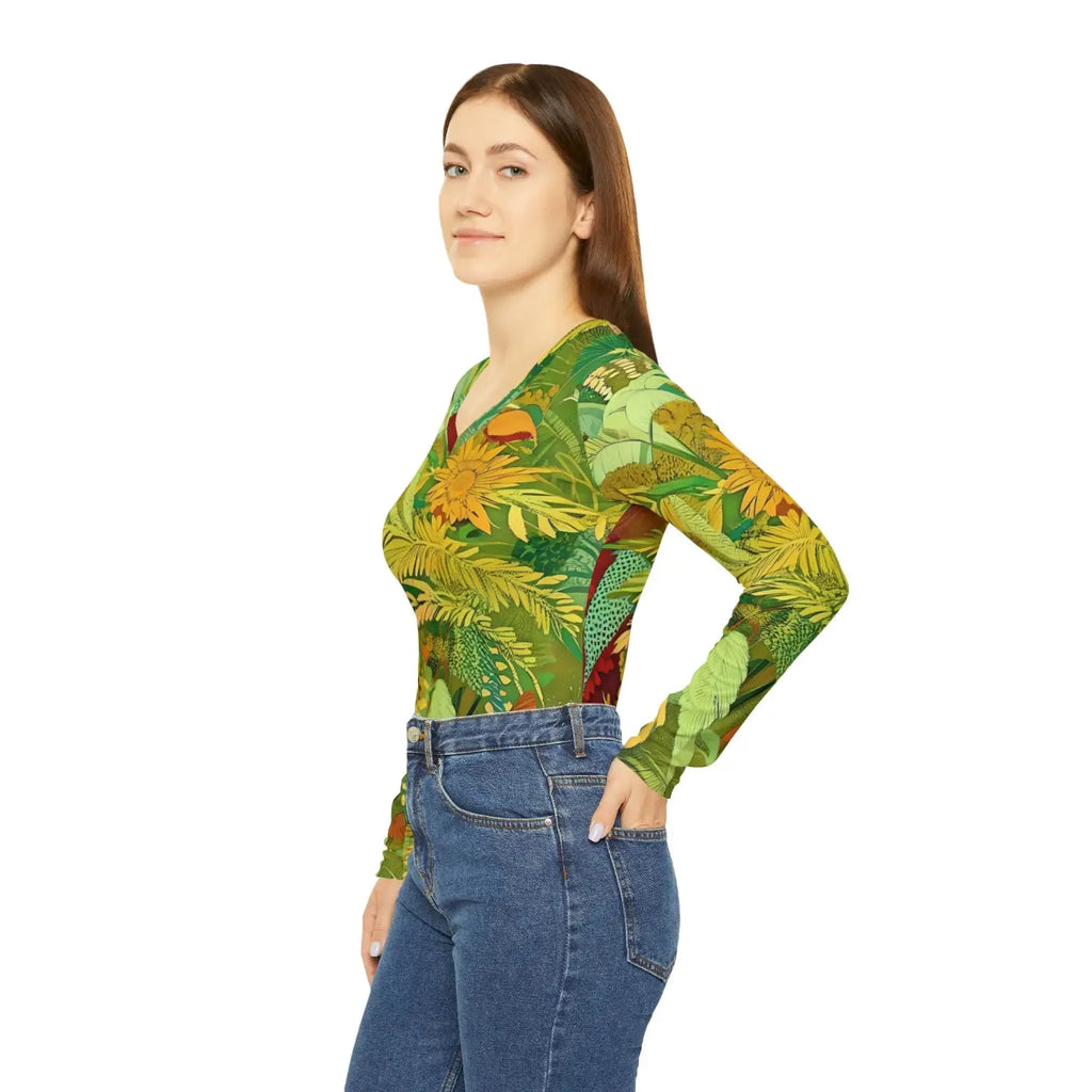 Long Sleeve V Neck Tee - Brown Leaves Pattern - DipaliZ