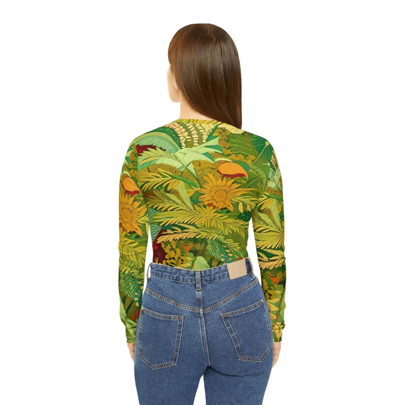 Long Sleeve V Neck Tee - Brown Leaves Pattern - DipaliZ