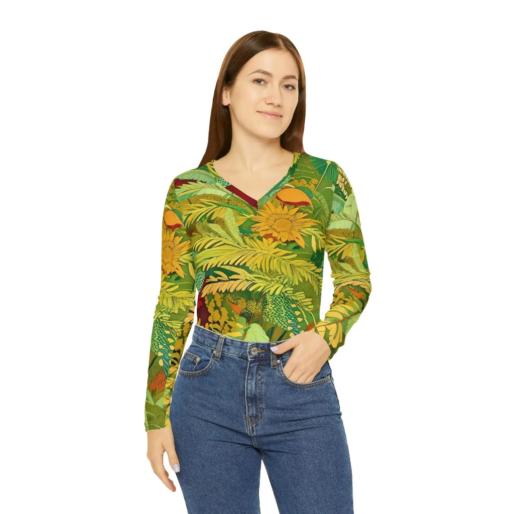 Long Sleeve V Neck Tee - Brown Leaves Pattern - DipaliZ