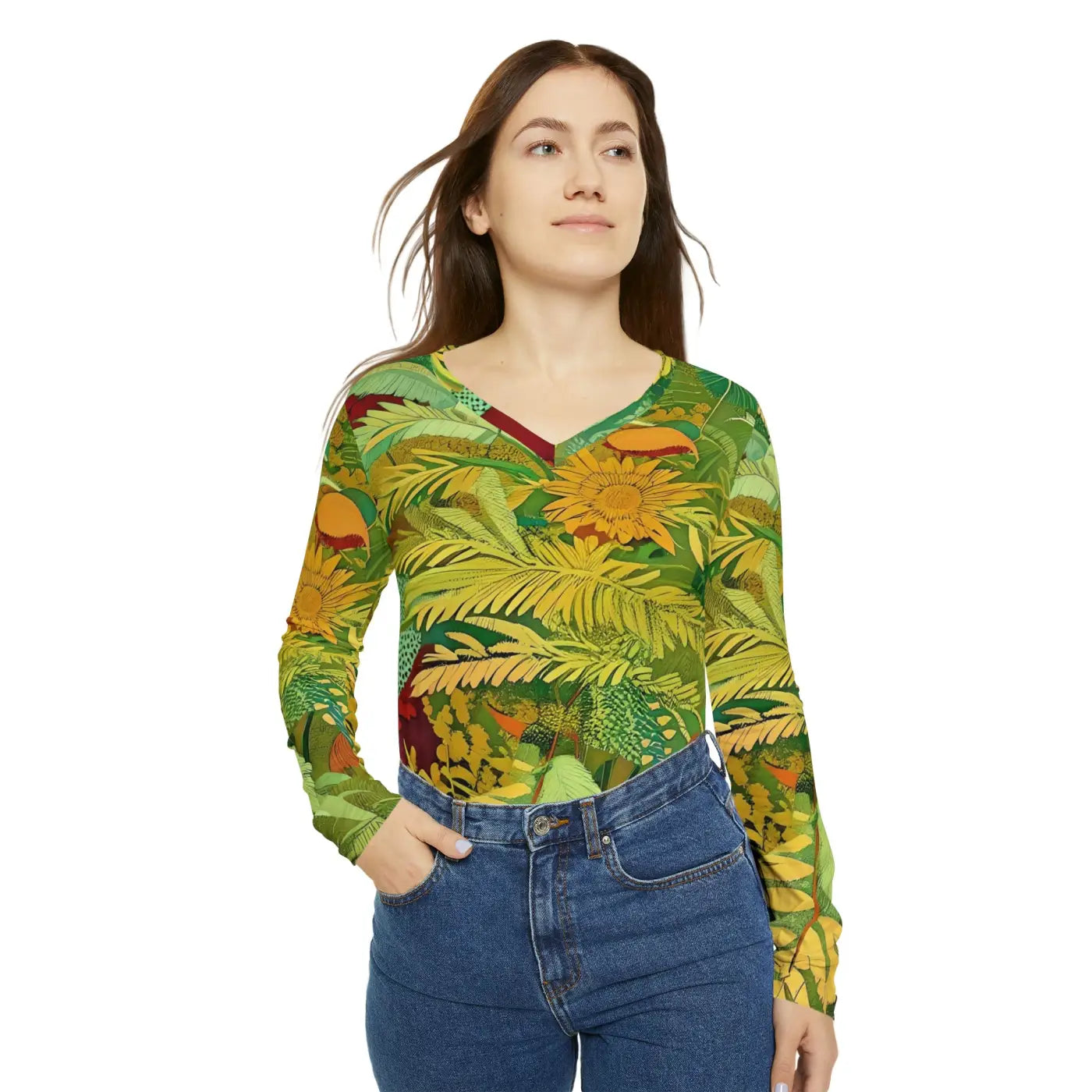 Long Sleeve V Neck Tee - Brown Leaves Pattern - DipaliZ