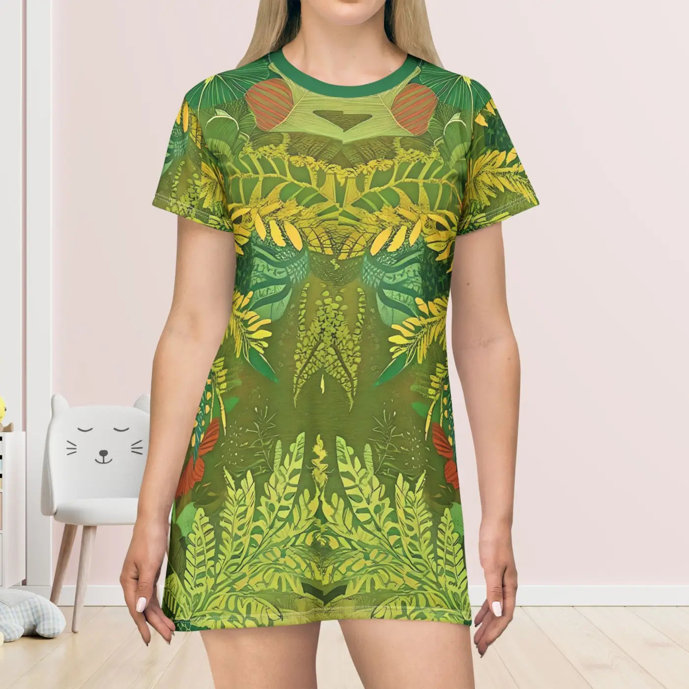 Green Foliage Print T Shirt Dress - Nature Inspired - DipaliZ