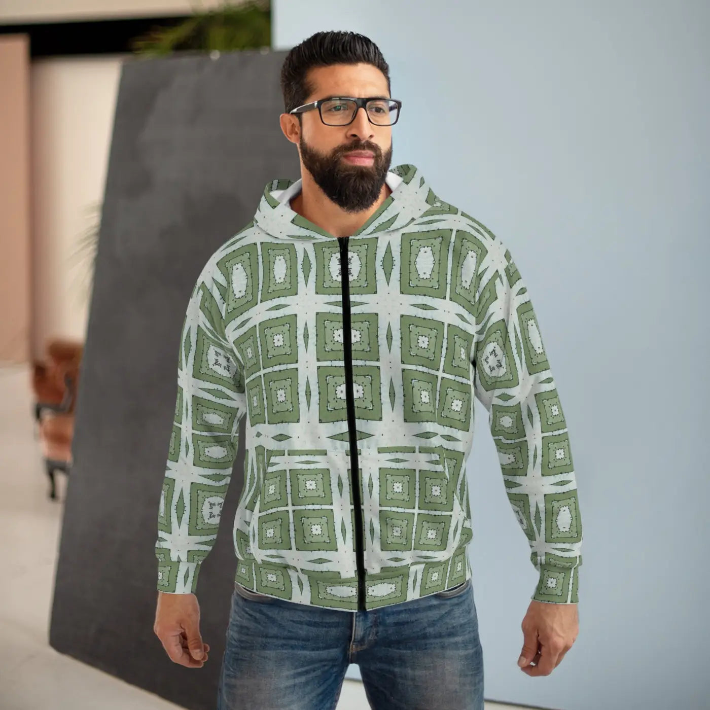 Zip Hoodie - Green Geometric Abstract Pattern - DipaliZ