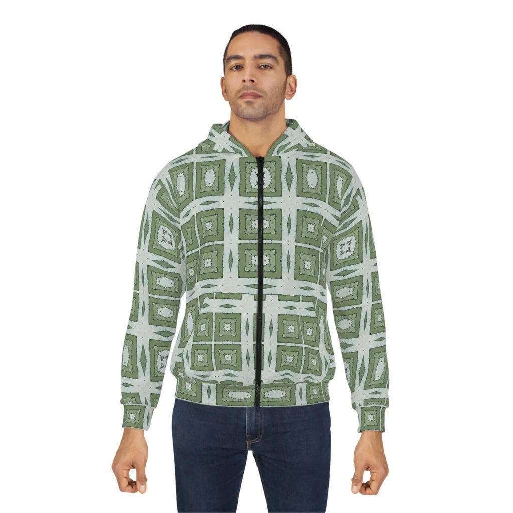 Zip Hoodie - Green Geometric Abstract Pattern - DipaliZ