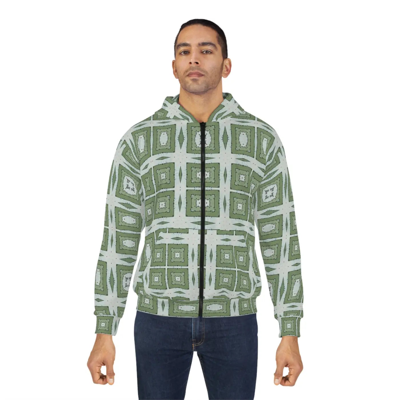 Zip Hoodie - Green Geometric Abstract Pattern - DipaliZ