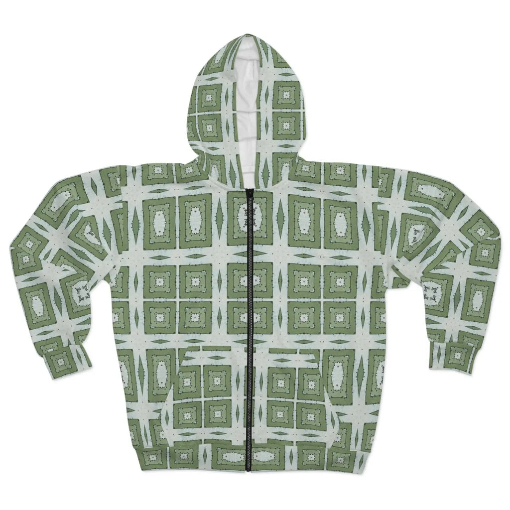 Zip Hoodie - Green Geometric Abstract Pattern - DipaliZ