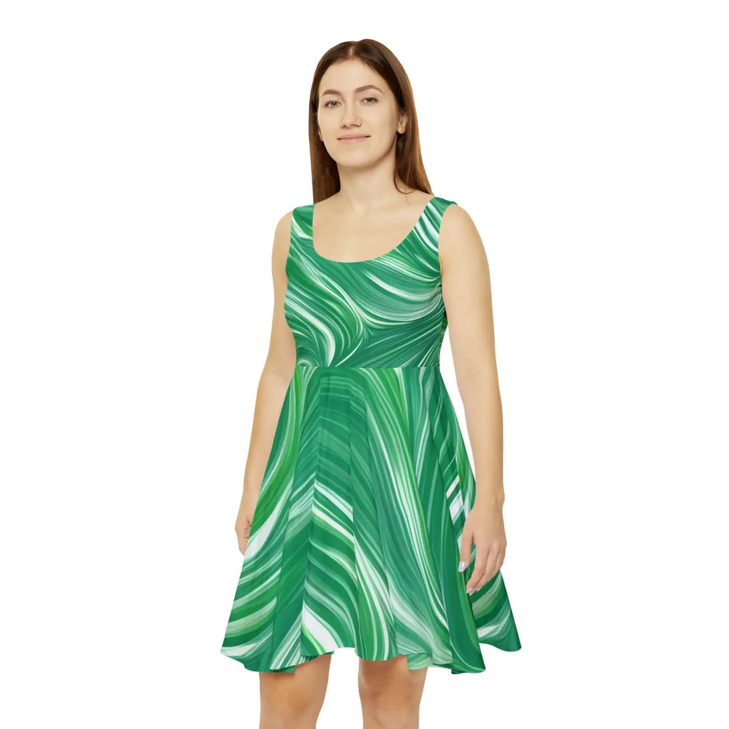 Green Wavy Pattern Skater Dress - Eco-Friendly Gifts - DipaliZ