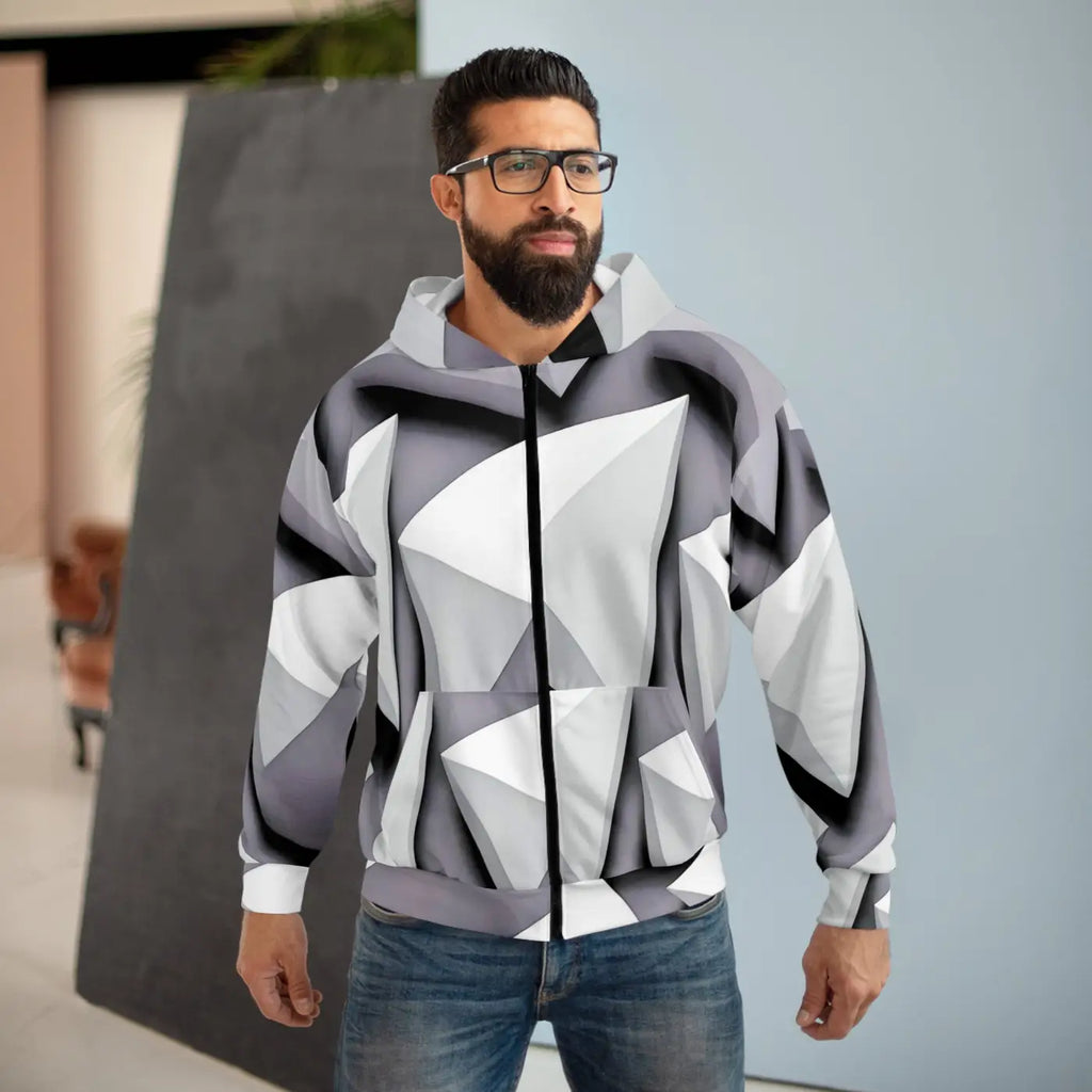 Zip Hoodie - White Abstract Triangular Pattern - DipaliZ