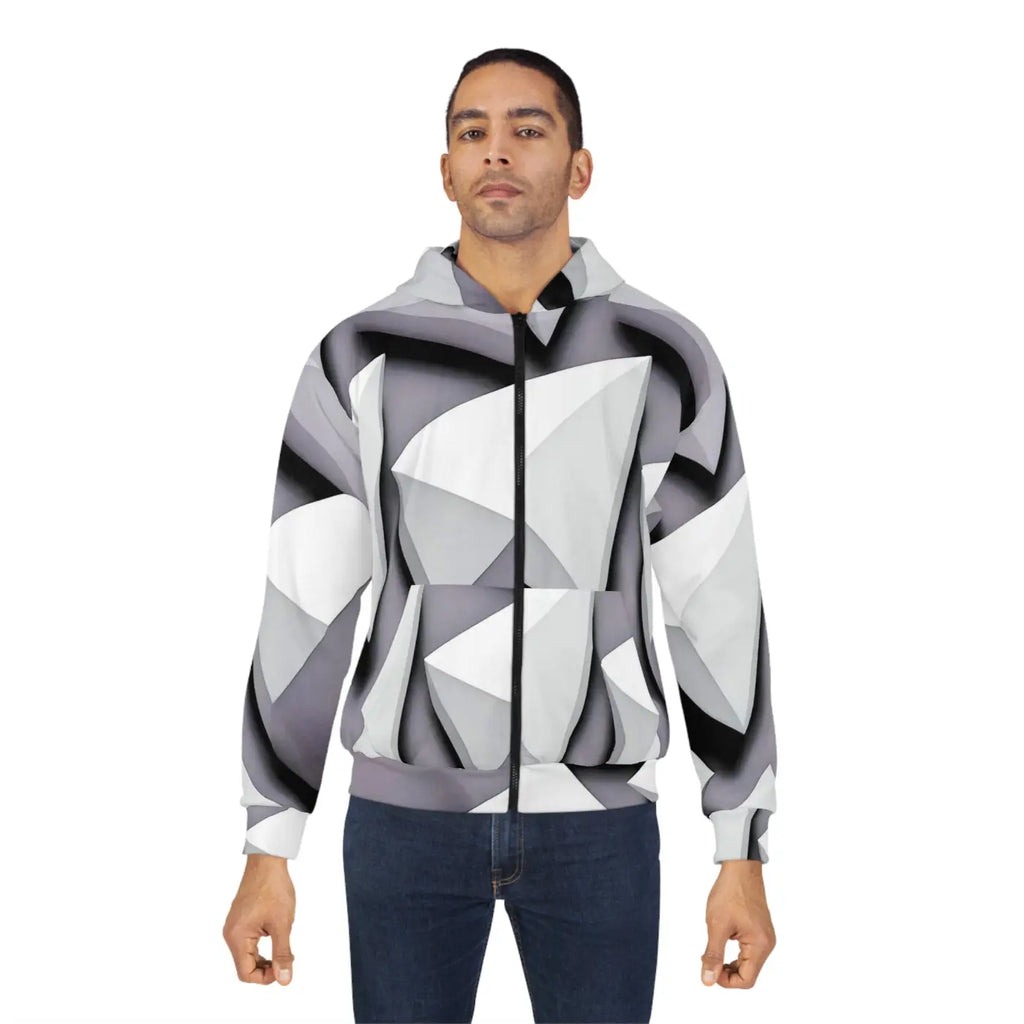 Zip Hoodie - White Abstract Triangular Pattern - DipaliZ