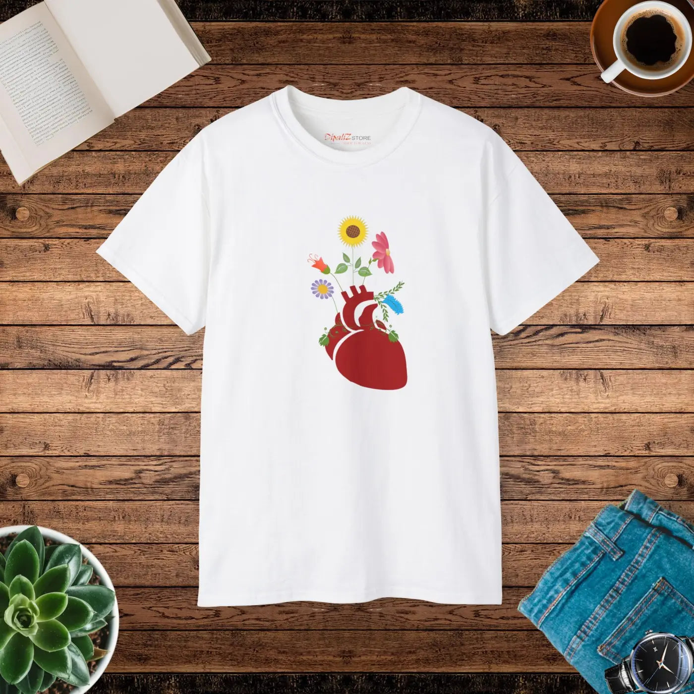 Heart with Flowers Ultra Cotton Tee - Floral Design - DipaliZ