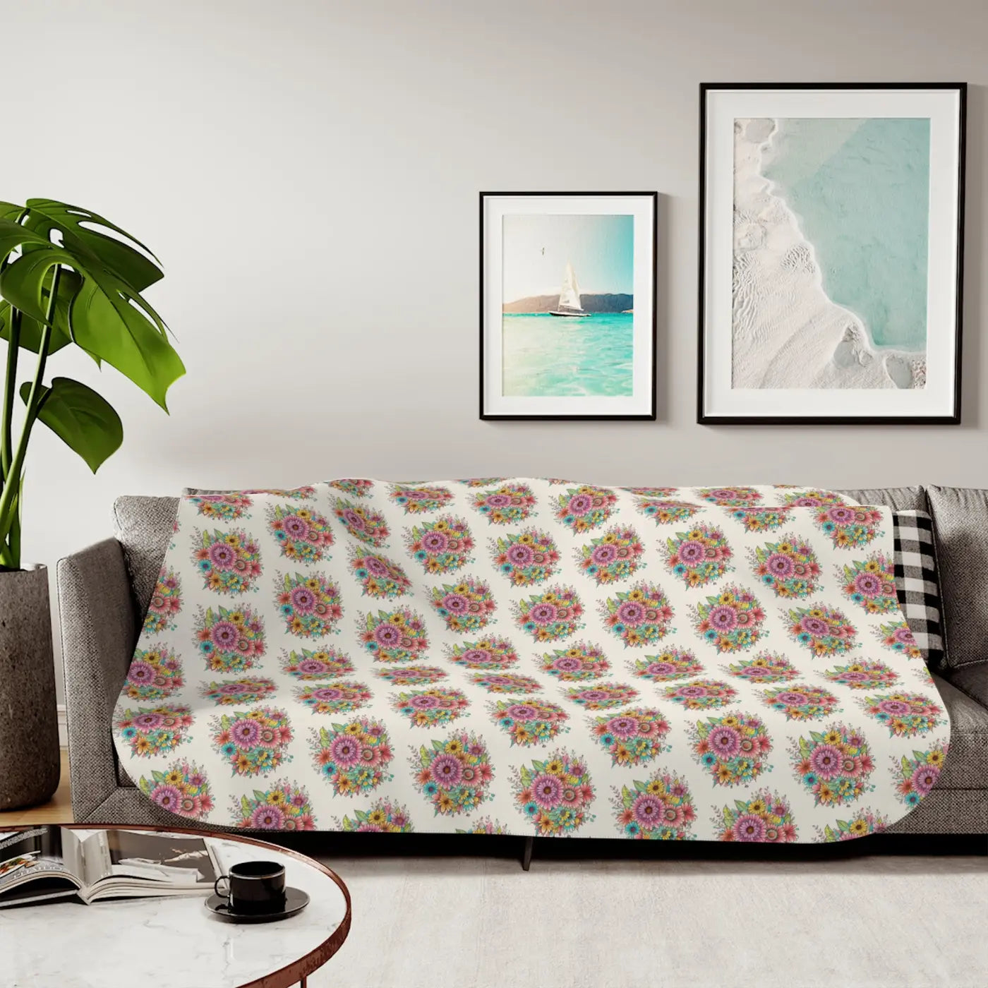 Sherpa Blanket - Large Vibrant Flowers on Peach - DipaliZ