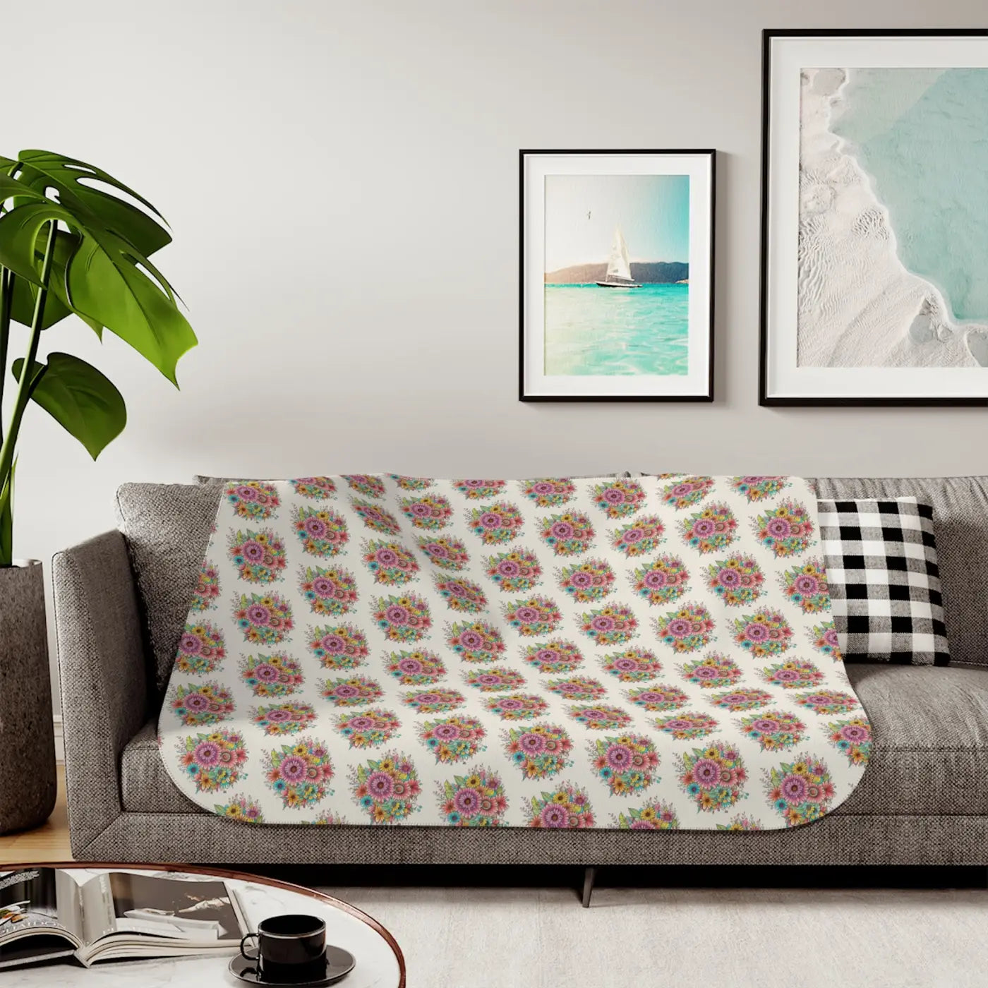 Sherpa Blanket - Large Vibrant Flowers on Peach - DipaliZ