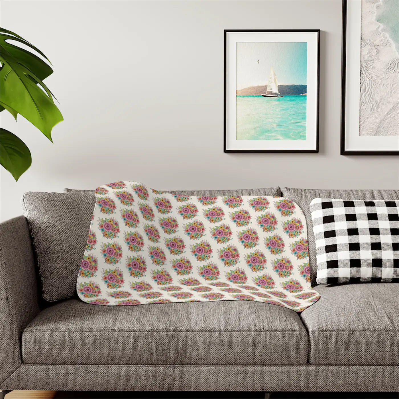 Sherpa Blanket - Large Vibrant Flowers on Peach - DipaliZ