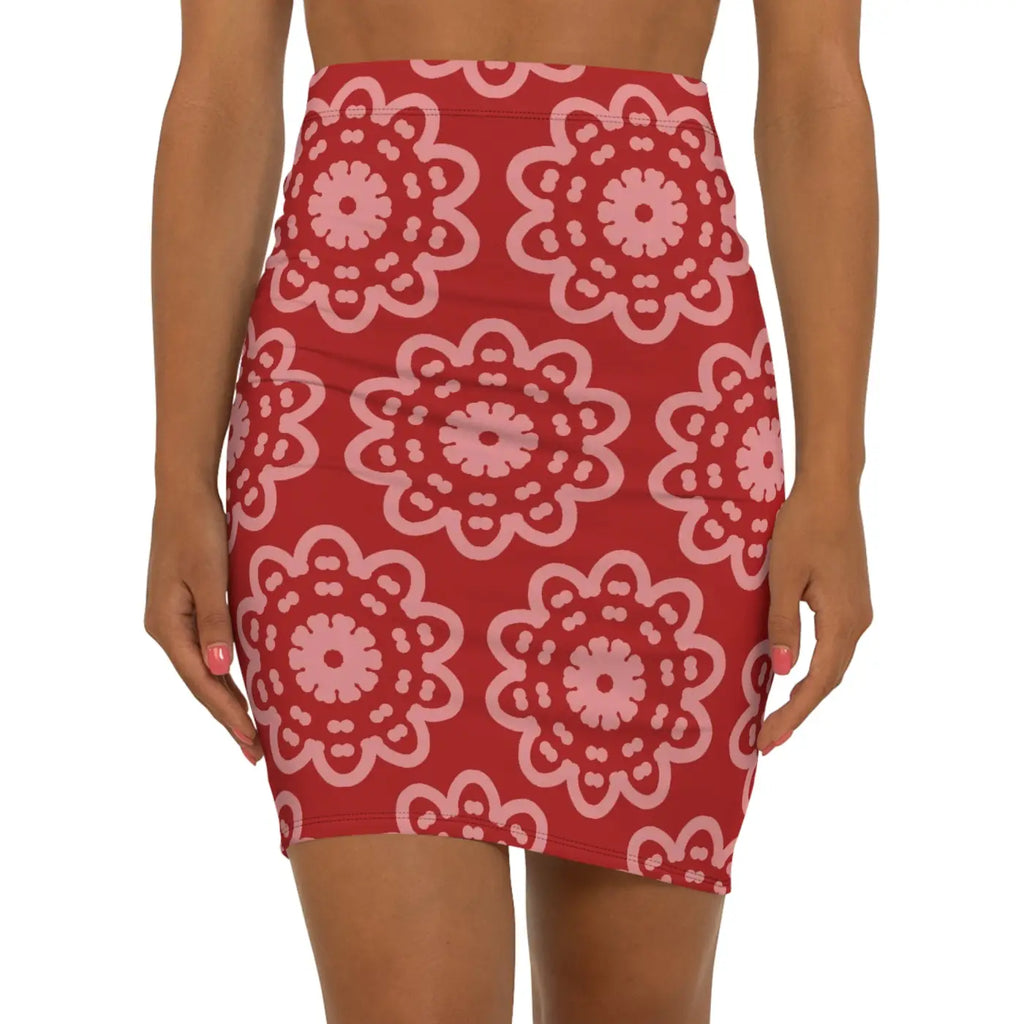 Red Floral Mini Skirt - Light Floral Pattern Design - DipaliZ