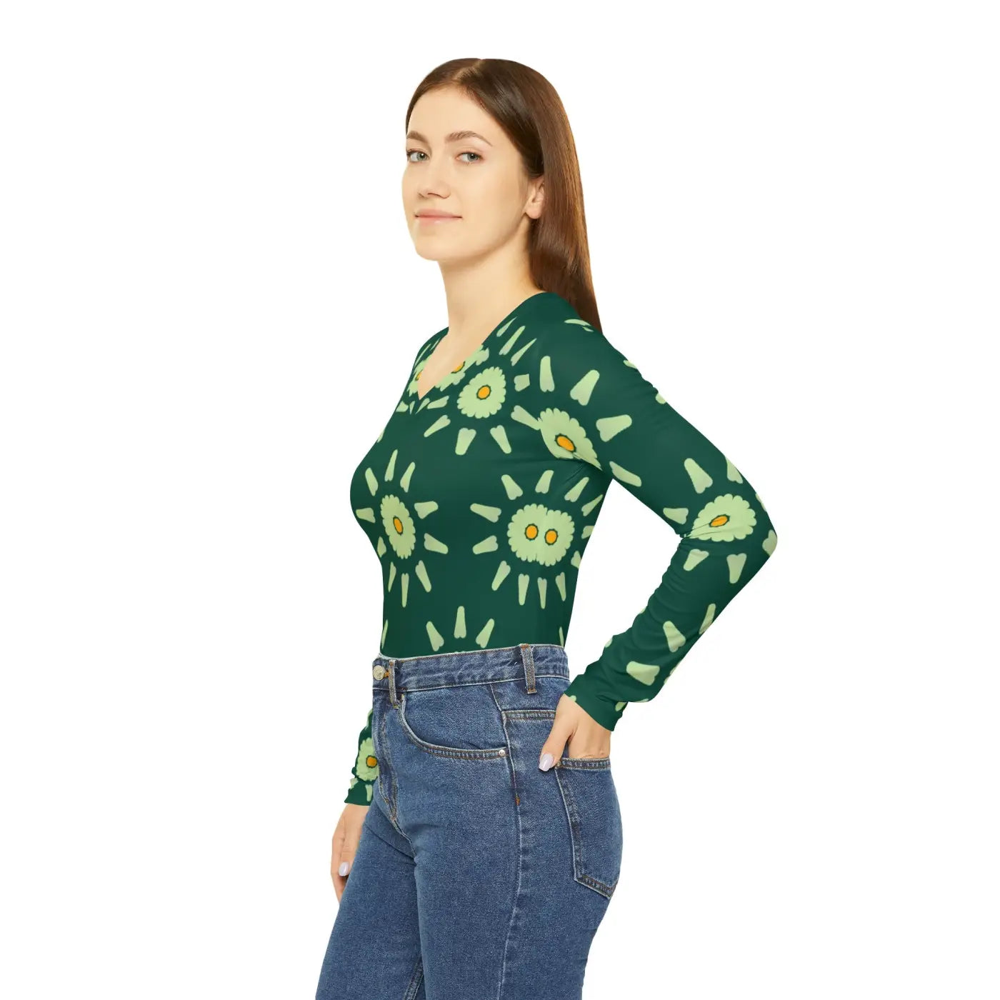 Light Green Pattern Long Sleeve V Neck Tee - Women's - DipaliZ