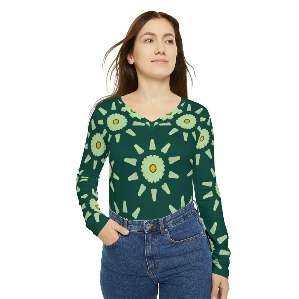 Light Green Pattern Long Sleeve V Neck Tee - Women's - DipaliZ