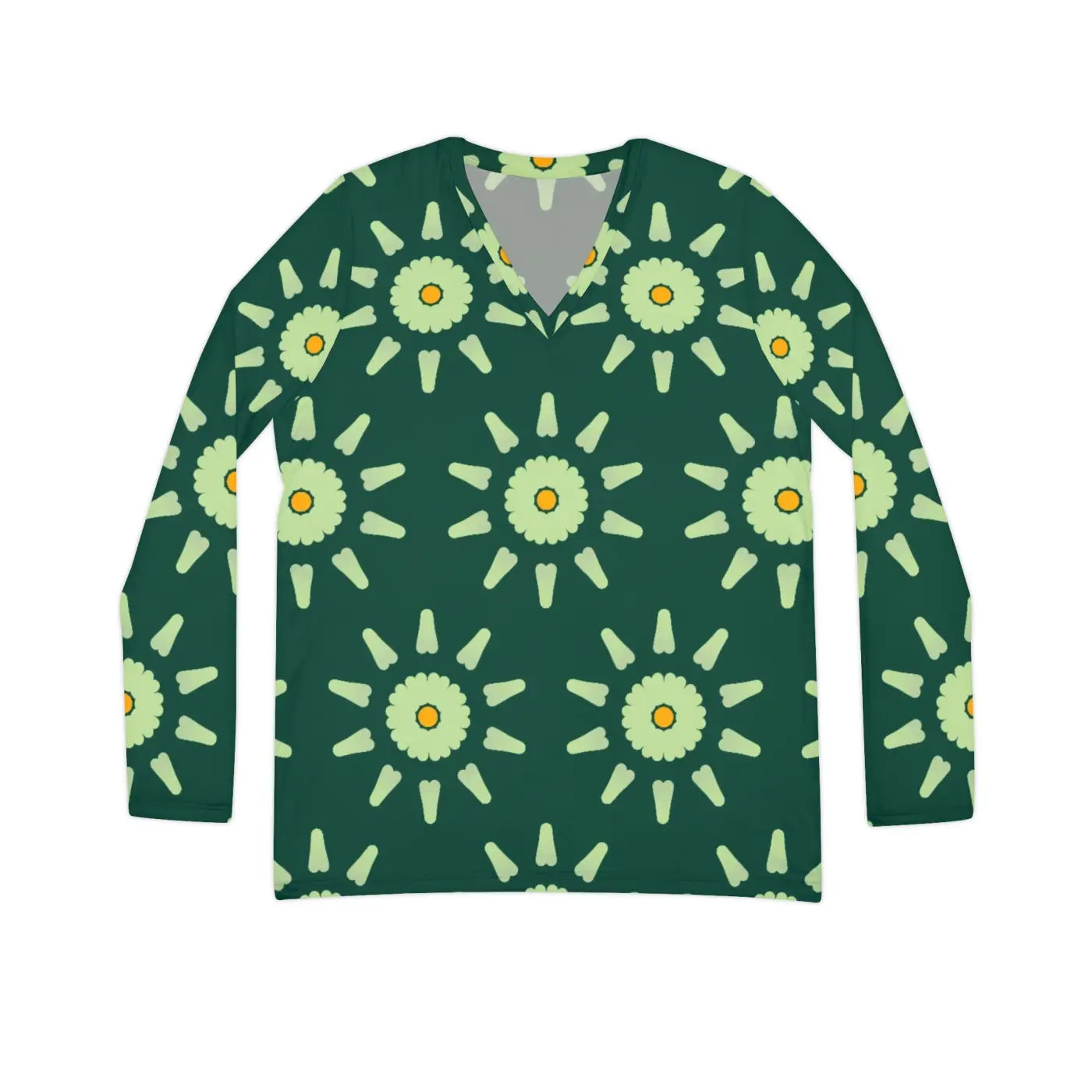 Light Green Pattern Long Sleeve V Neck Tee - Women's - DipaliZ