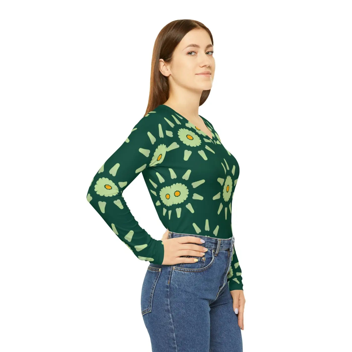 Light Green Pattern Long Sleeve V Neck Tee - Women's - DipaliZ