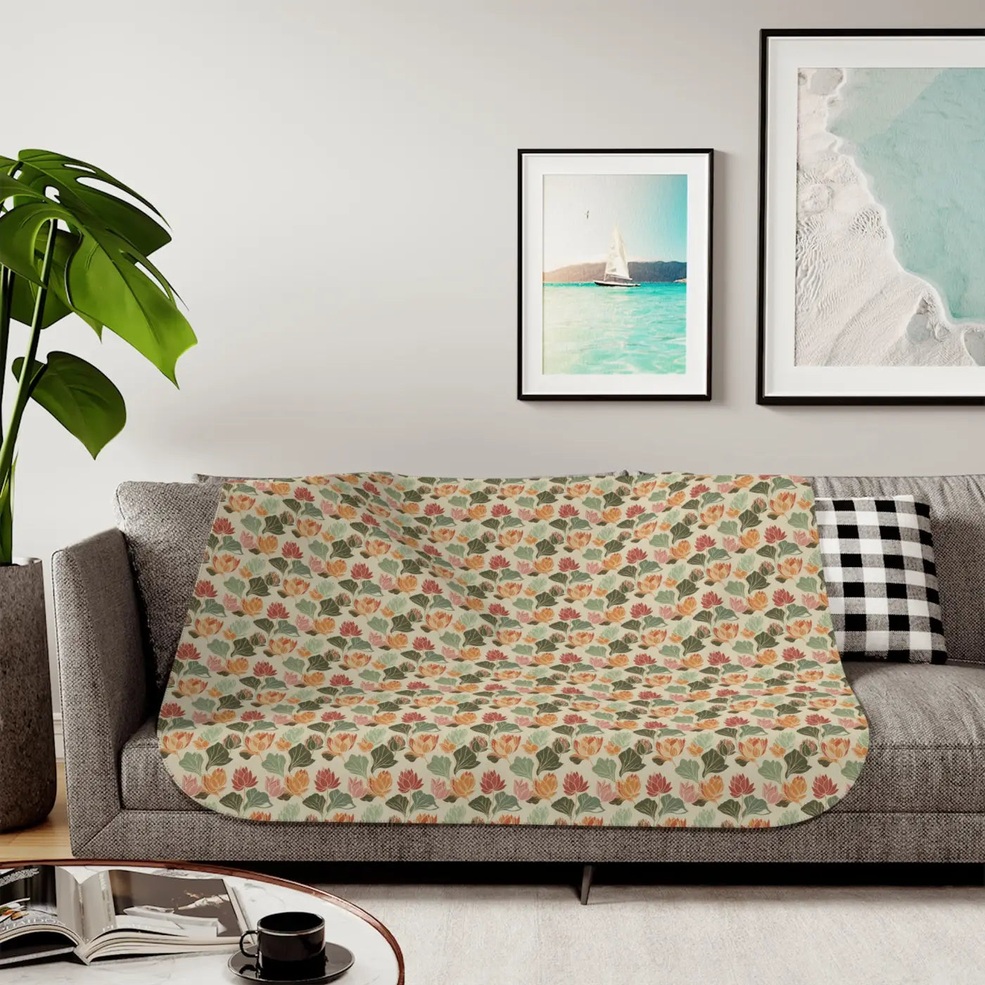 Sherpa Blanket - Lotus Flowers on Cyan Two Colors - DipaliZ
