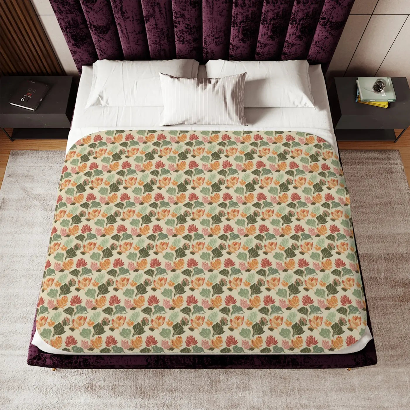 Sherpa Blanket - Lotus Flowers on Cyan Two Colors - DipaliZ