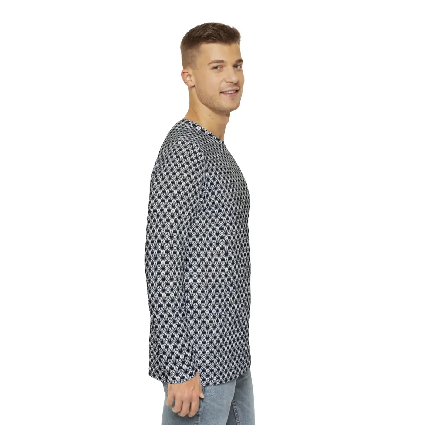 Long Sleeve AOP Tee - Monochrome Geometric Pattern - DipaliZ