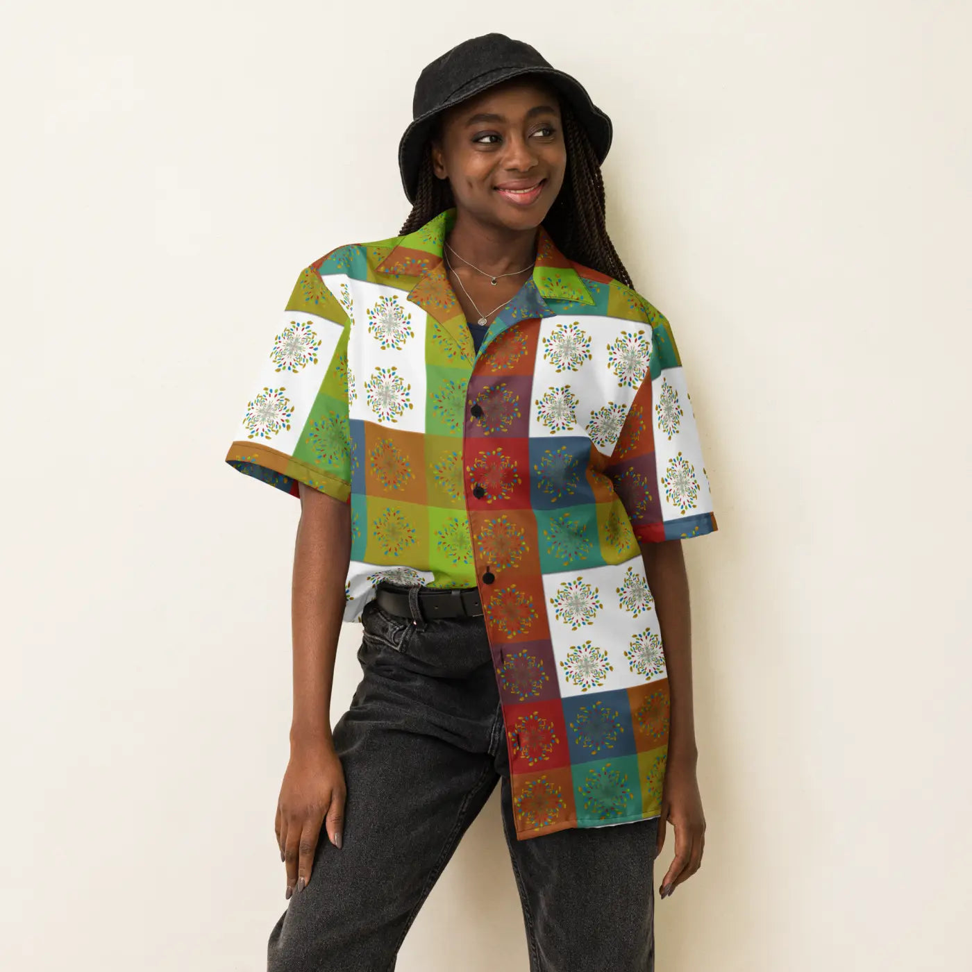 Unisex Button Shirt - Multicolored Geometrical Pattern - DipaliZ