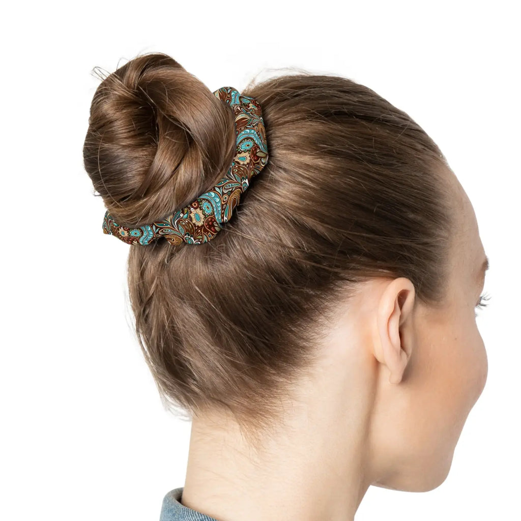 Stylish Hair Scrunchie - Paisley Brown and Blue Jersey - DipaliZ