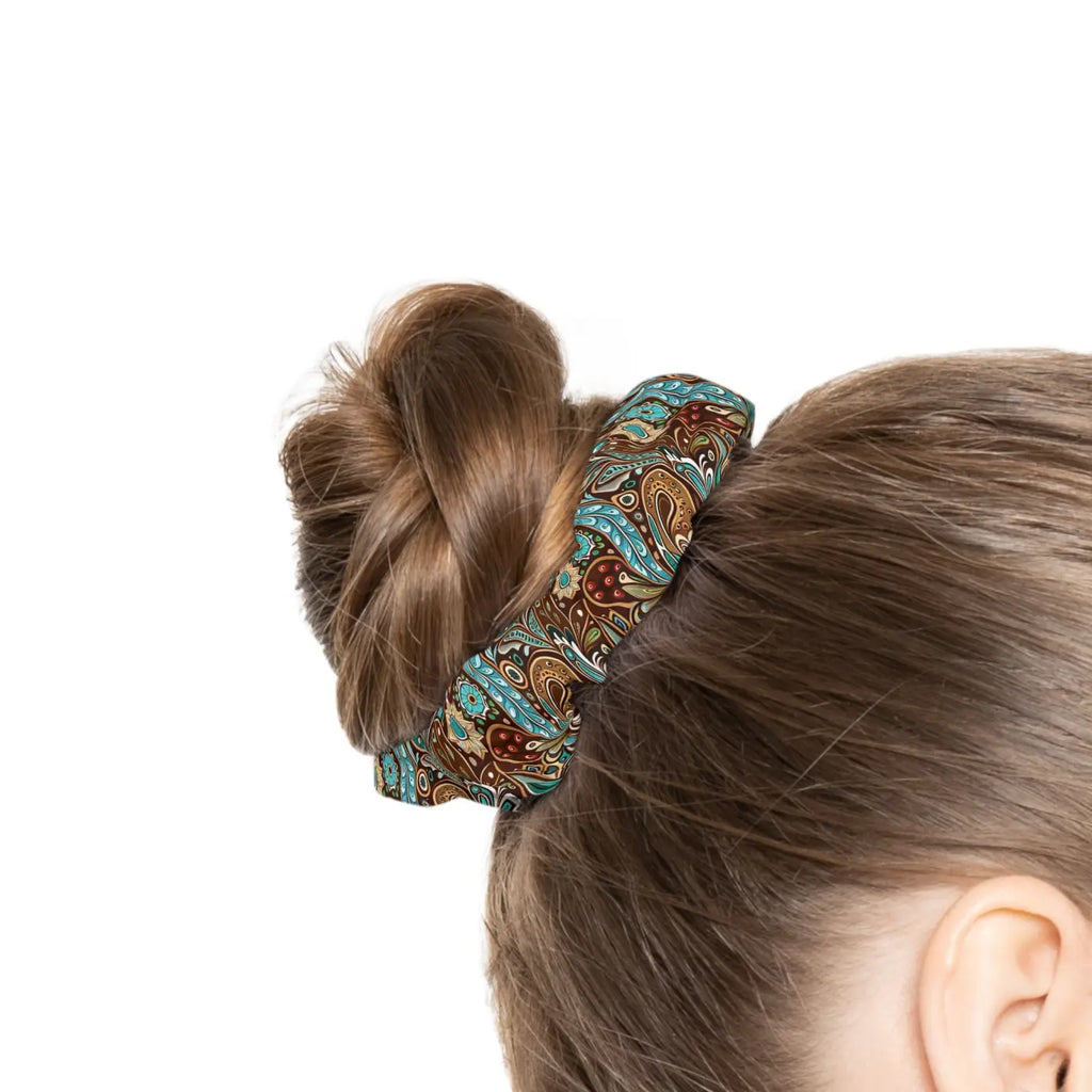 Stylish Hair Scrunchie - Paisley Brown and Blue Jersey - DipaliZ
