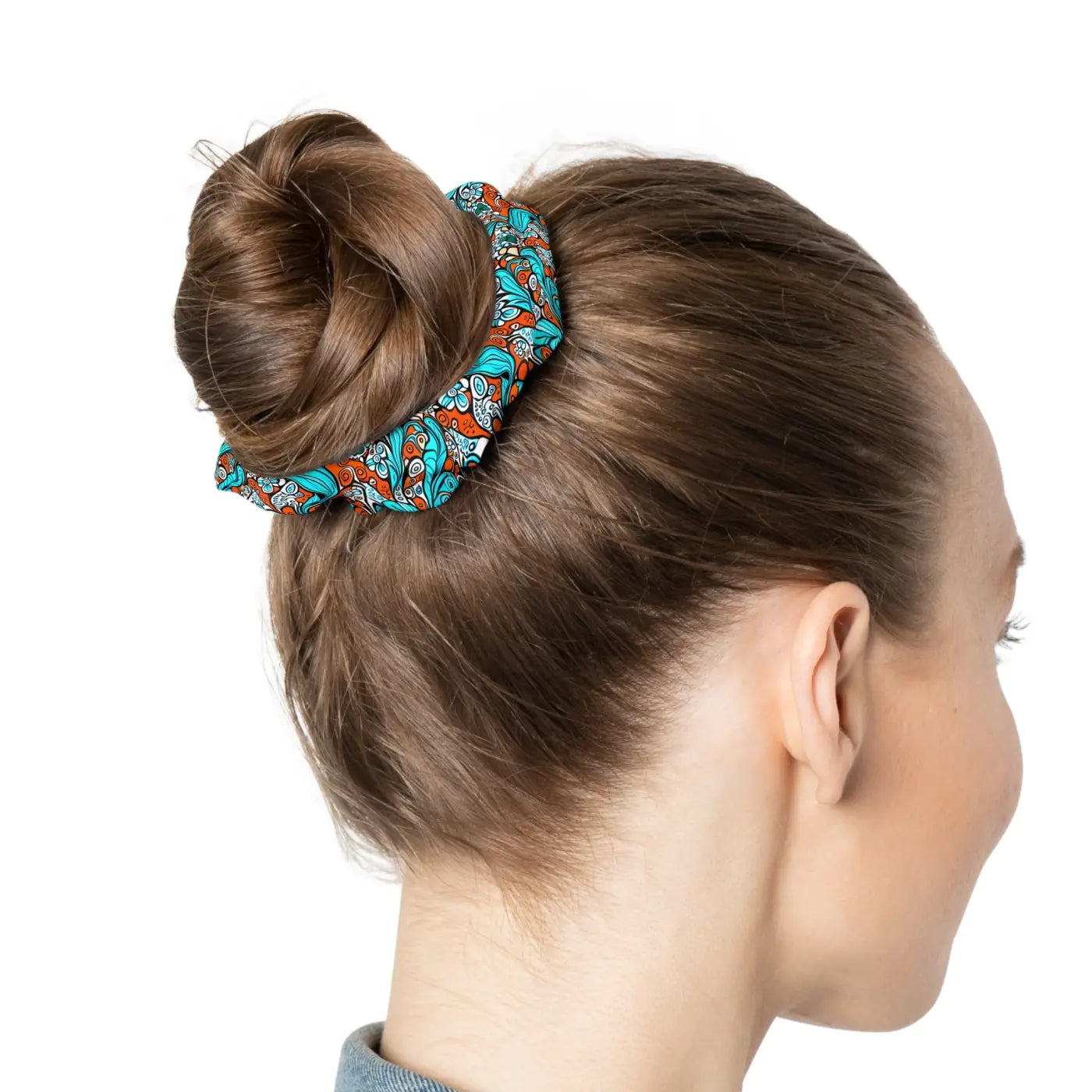 Stylish Hair Scrunchie - Paisley Orange and Blue Jersey - DipaliZ