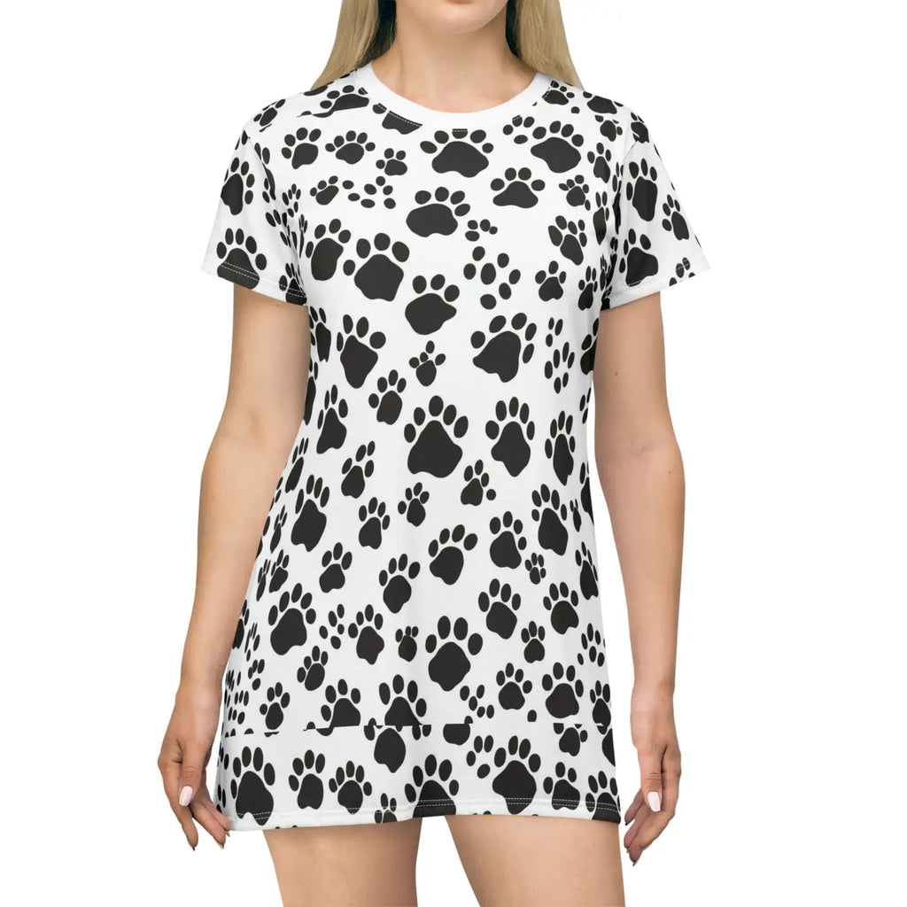 Paw Print Pattern Shirt Dress - Playful Cat Lover Style - DipaliZ
