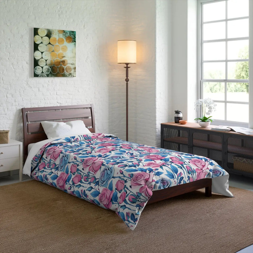Cozy Comforter - Blue Roses Pattern Bedding - DipaliZ