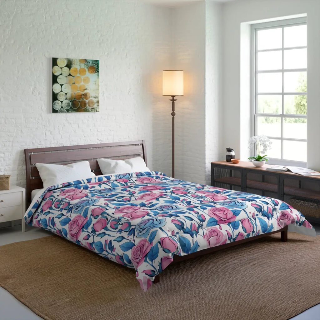 Cozy Comforter - Blue Roses Pattern Bedding - DipaliZ