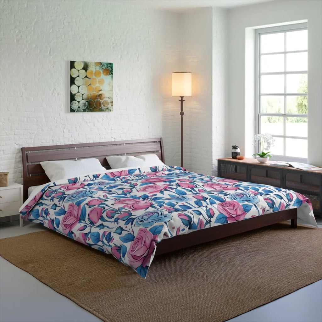 Cozy Comforter - Blue Roses Pattern Bedding - DipaliZ