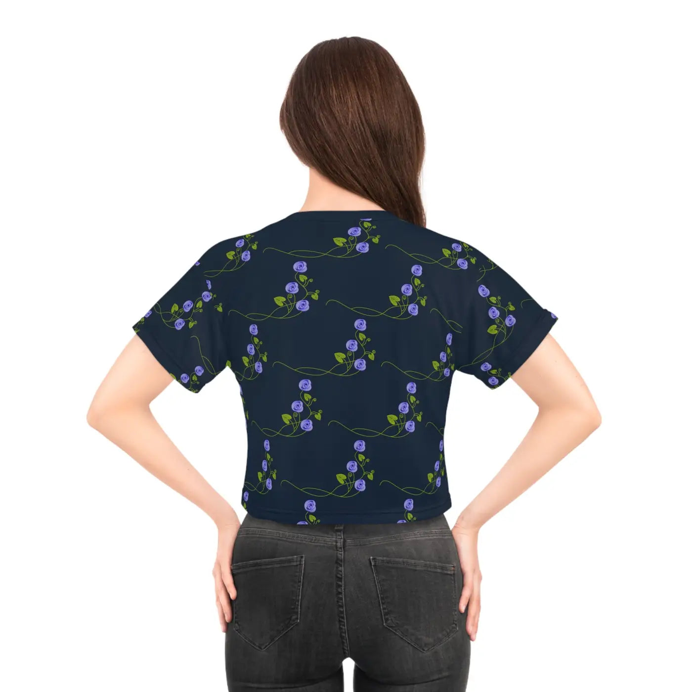 Purple Flowers AOP Crop Tee - Navy Blue Floral - DipaliZ