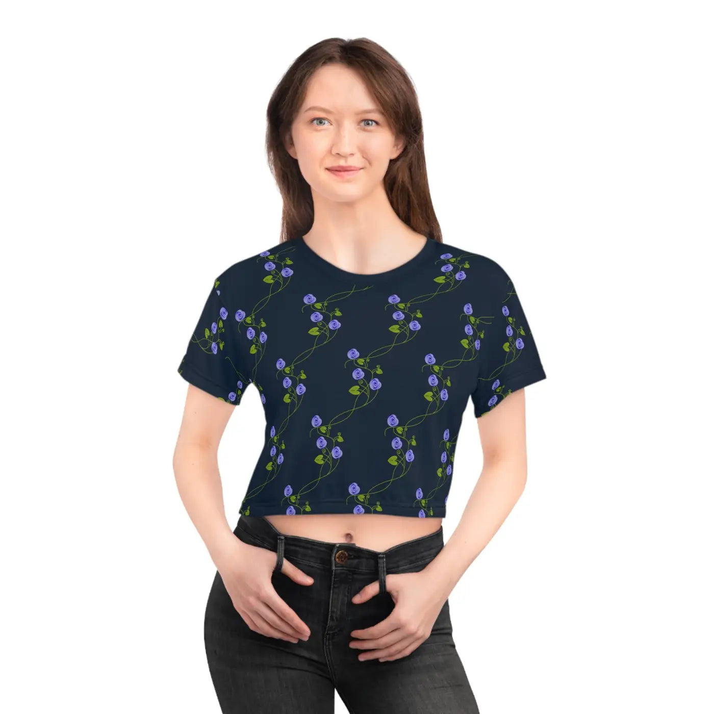 Purple Flowers AOP Crop Tee - Navy Blue Floral - DipaliZ