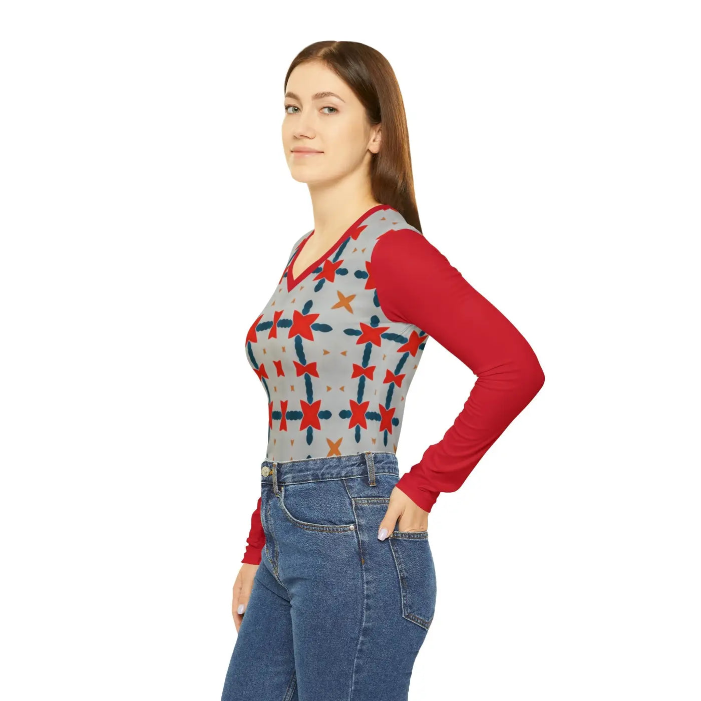 Red Pattern Long Sleeve V Neck Tee - Bold Energy - DipaliZ