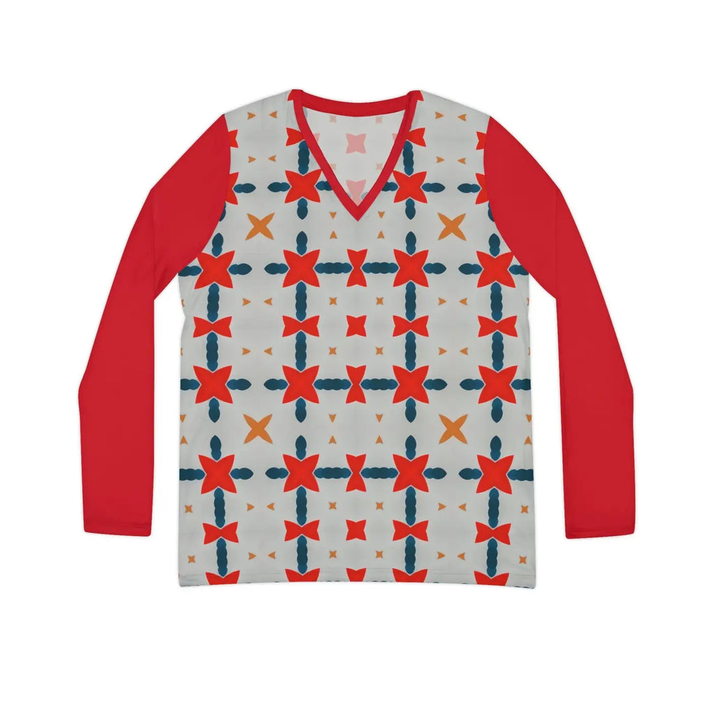Red Pattern Long Sleeve V Neck Tee - Bold Energy - DipaliZ