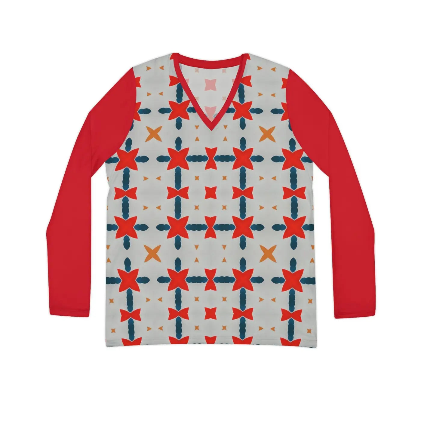 Red Pattern Long Sleeve V Neck Tee - Bold Energy - DipaliZ