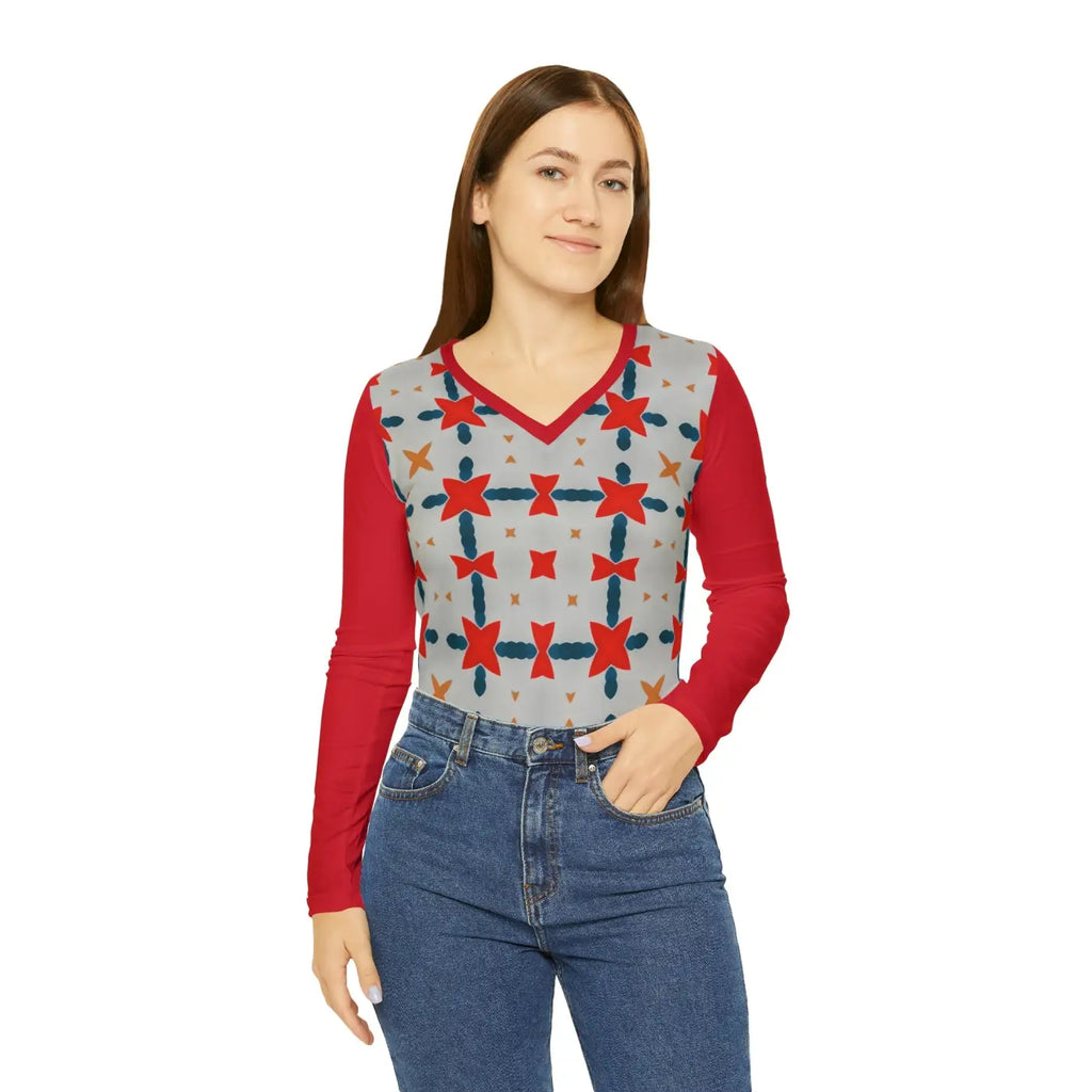 Red Pattern Long Sleeve V Neck Tee - Bold Energy - DipaliZ