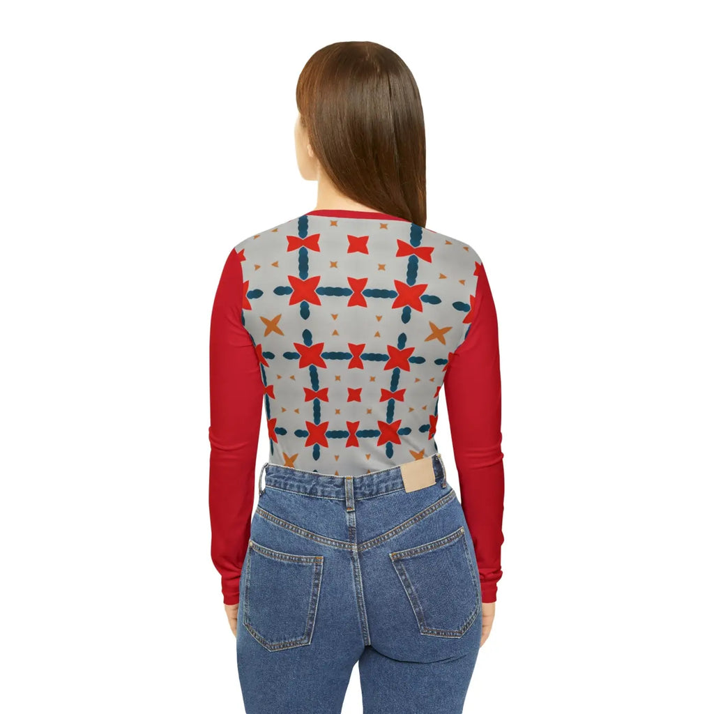 Red Pattern Long Sleeve V Neck Tee - Bold Energy - DipaliZ