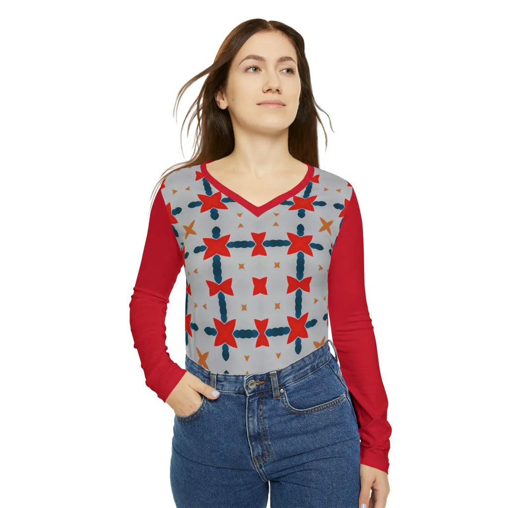 Red Pattern Long Sleeve V Neck Tee - Bold Energy - DipaliZ